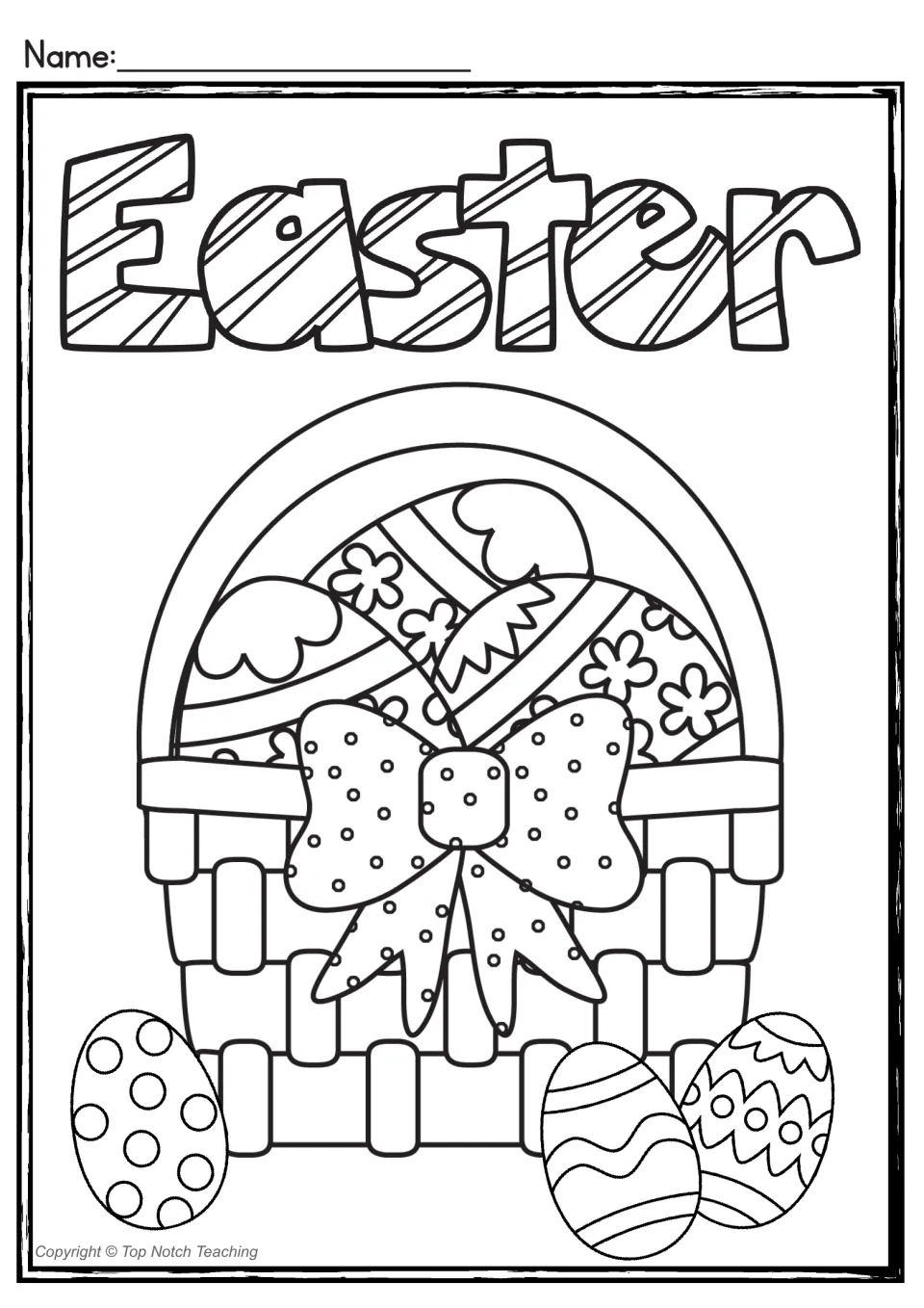 Bubble-letter Easter coloring page: a basket of patterned eggs with a polka-dot bow and three more eggs in front