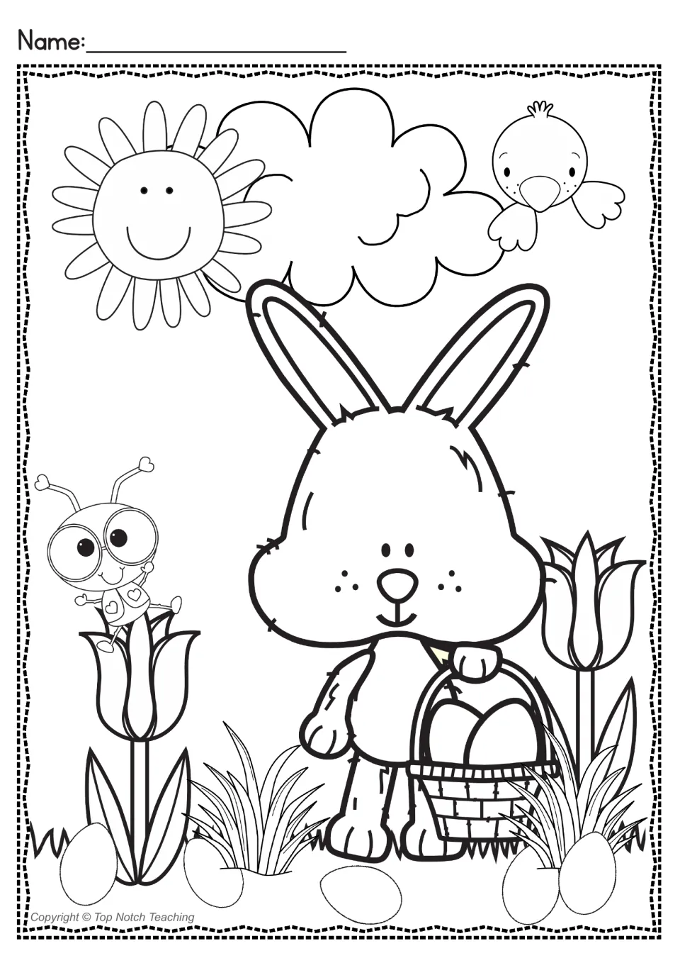 Spring coloring scene of a bunny carrying an egg basket among tulips, with a smiling sun, a bird, a bug and eggs in grass