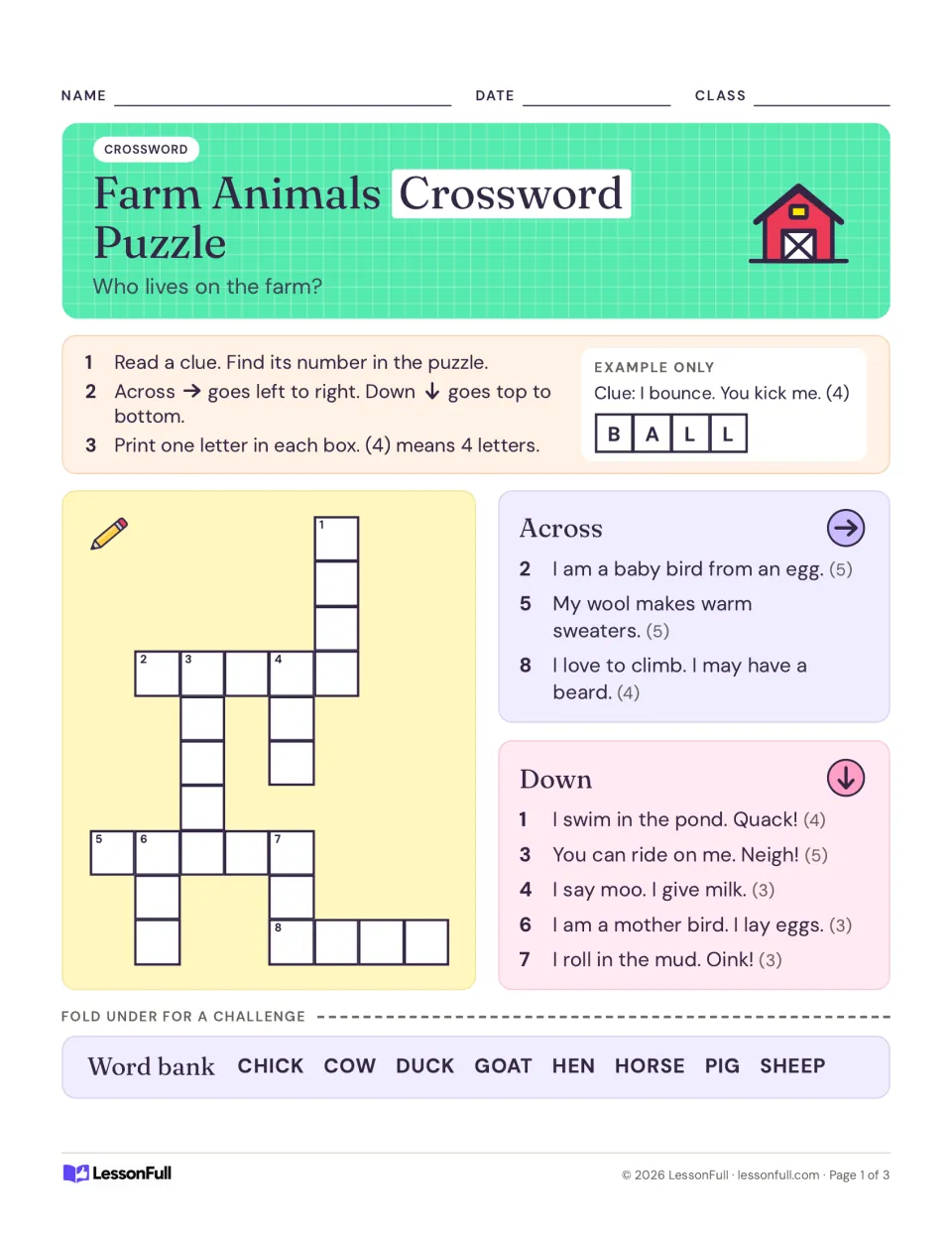 Farm animals crossword: students read clues for a chick, sheep, goat and pig to fill the puzzle, with a word bank