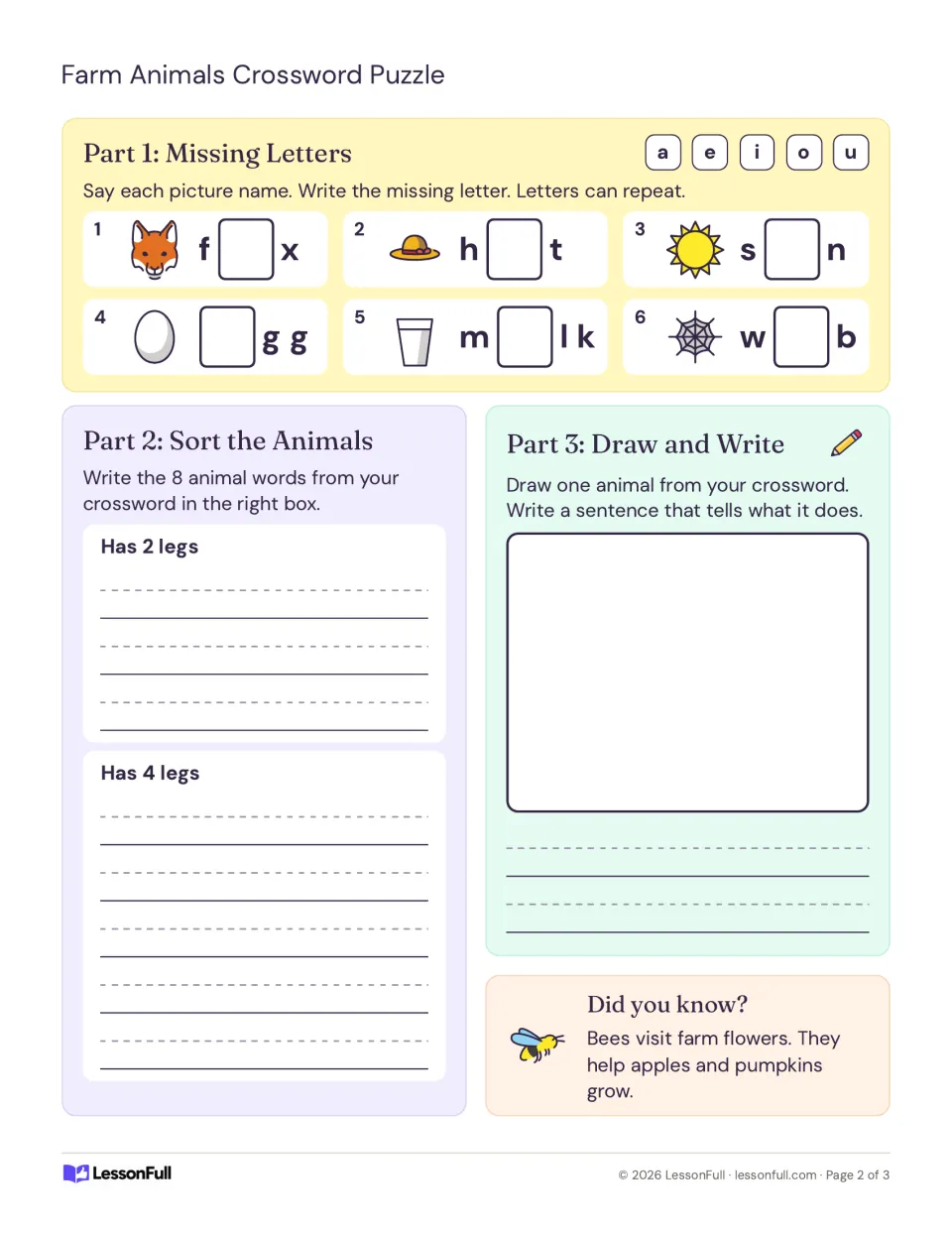Farm word practice: students write missing vowels for pictures, sort animals by 2 or 4 legs and draw an animal