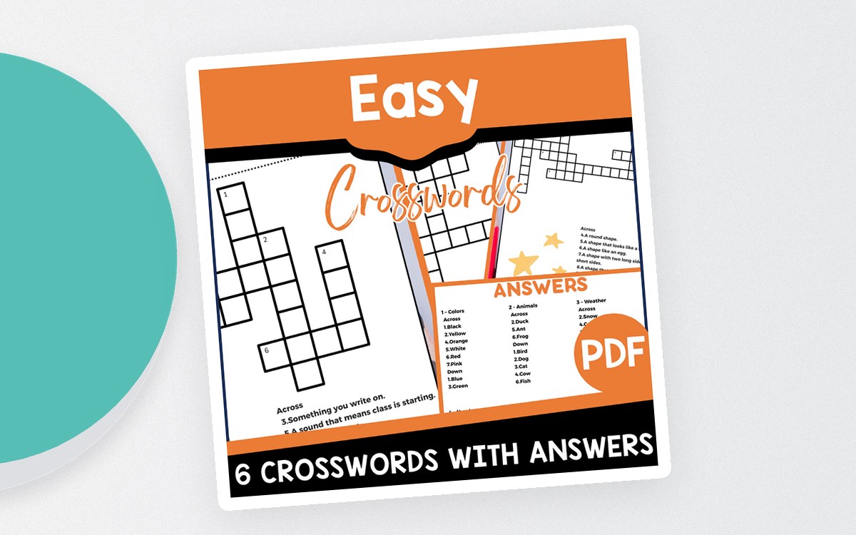 Easy Crosswords for Kids cover with six crossword worksheet previews and answers badge