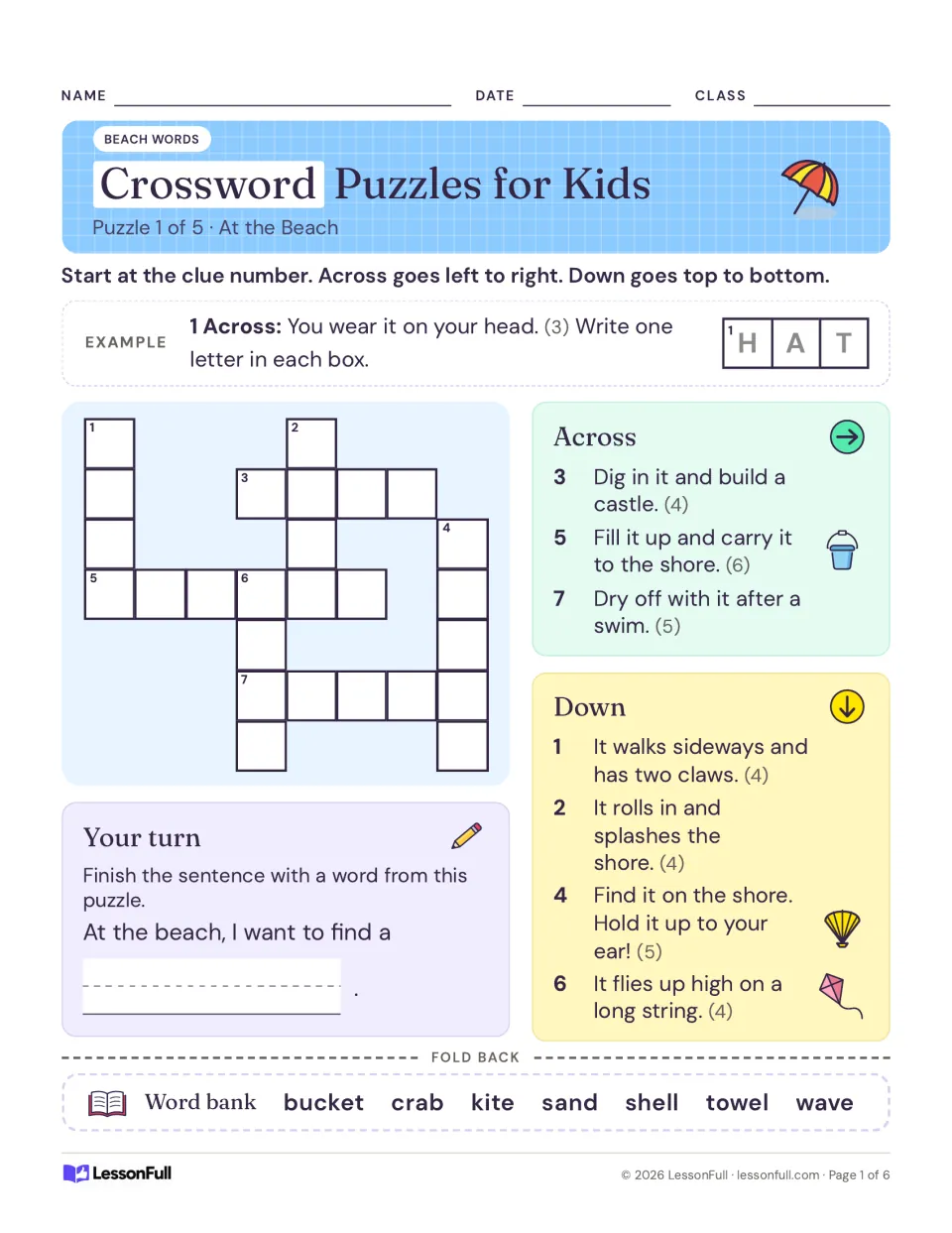At the Beach crossword, puzzle 1 of 5: students solve beach clues like crab and bucket using a fold-back word bank