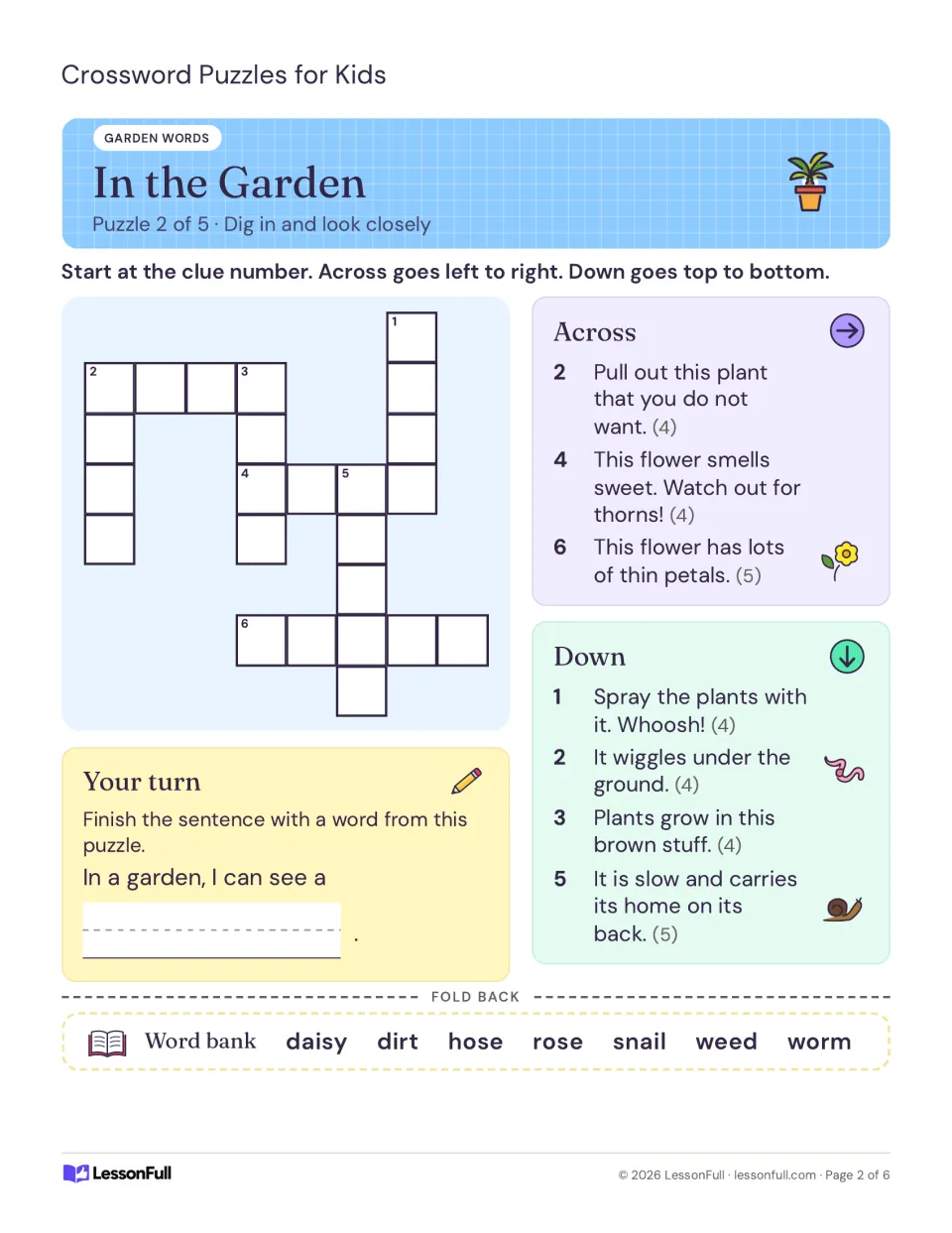 In the Garden crossword, puzzle 2 of 5: students solve clues for weed, rose, hose and worm, then finish a sentence