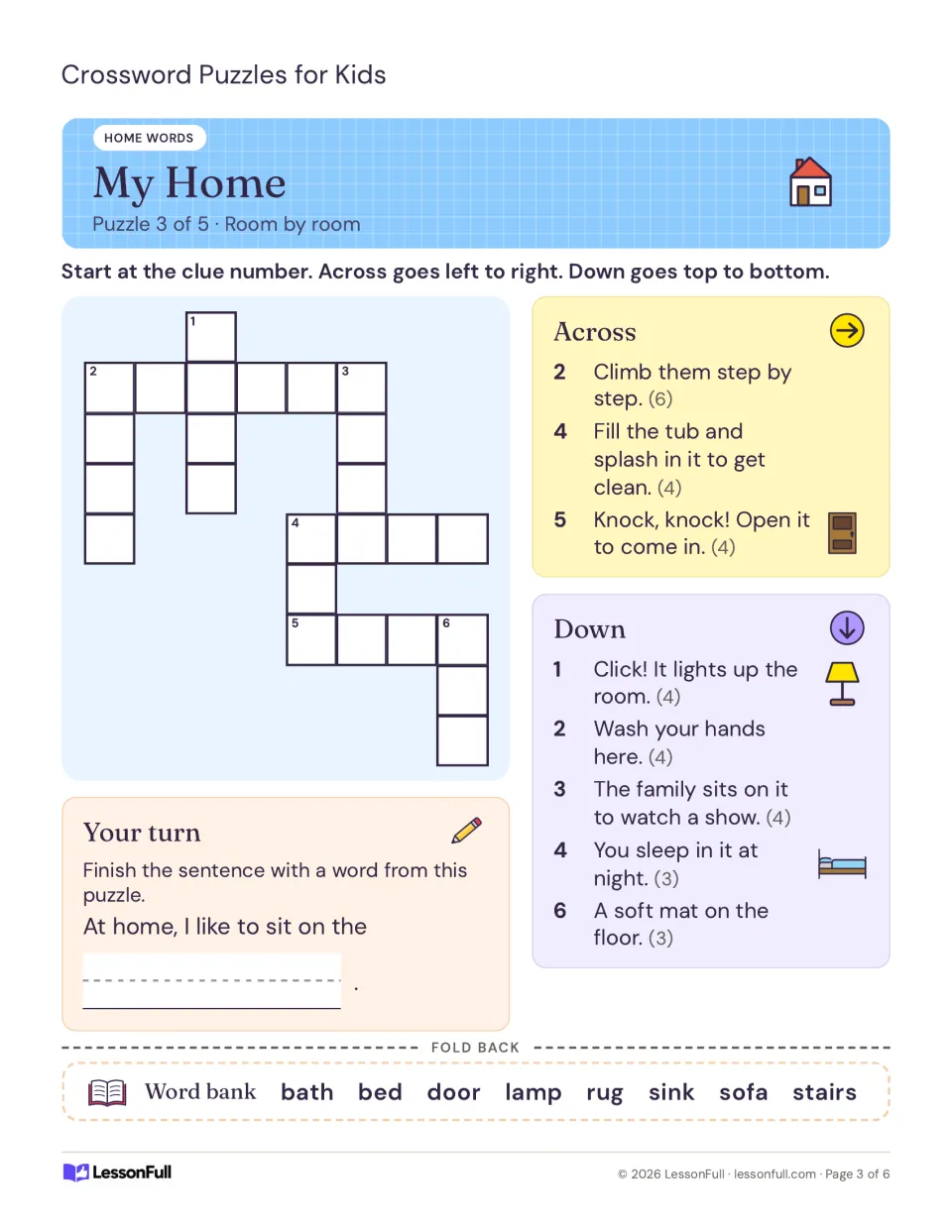 My Home crossword, puzzle 3 of 5: room-by-room clues for stairs, bath, lamp and sofa, plus a sentence to finish