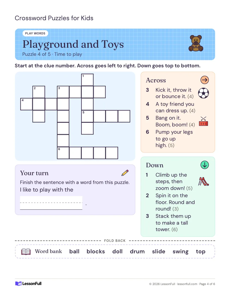 Playground and Toys crossword, puzzle 4 of 5: clues for ball, doll, drum, slide and swing with a fold-back word bank