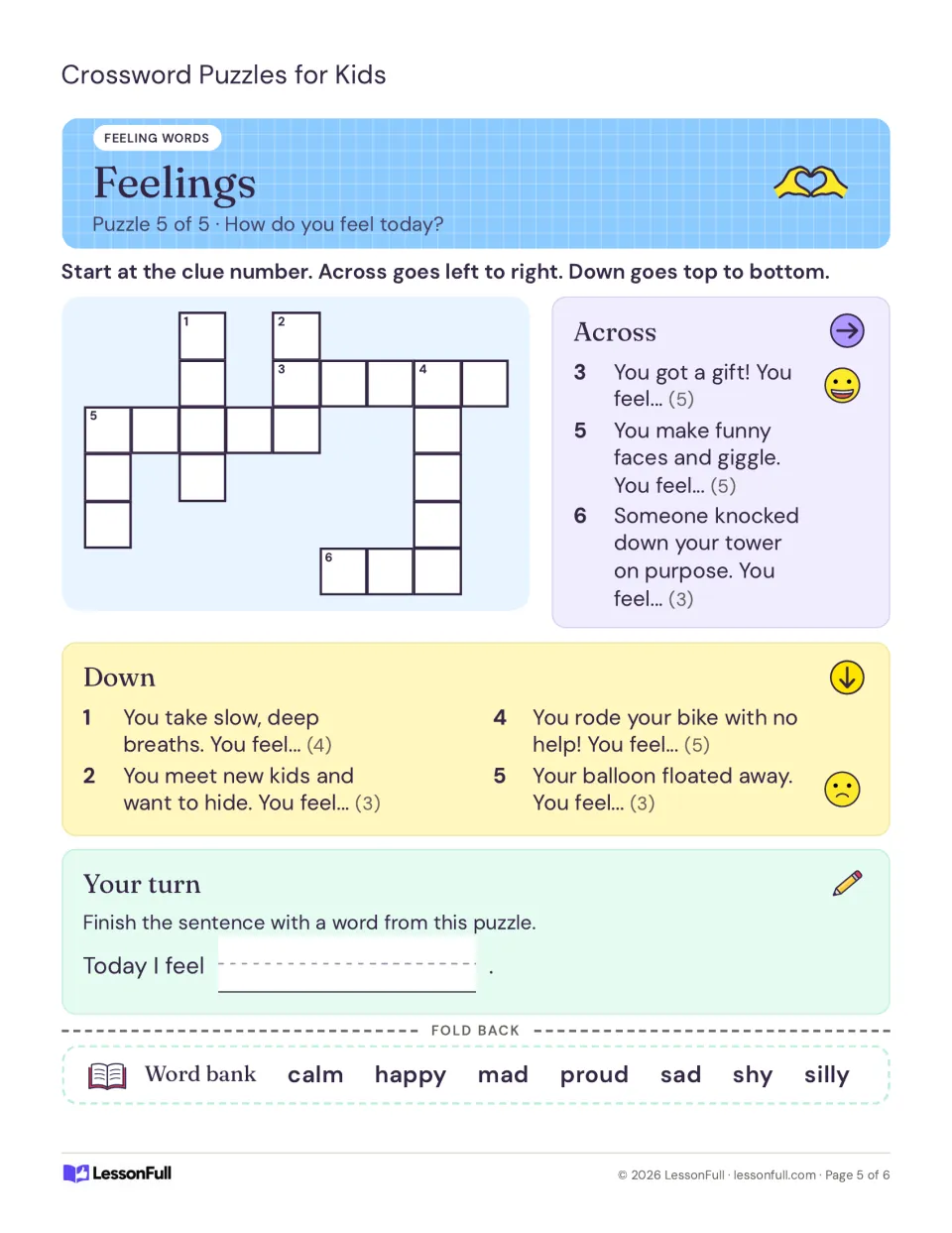 Feelings crossword, puzzle 5 of 5: students name feelings like happy, shy and proud from short situation clues