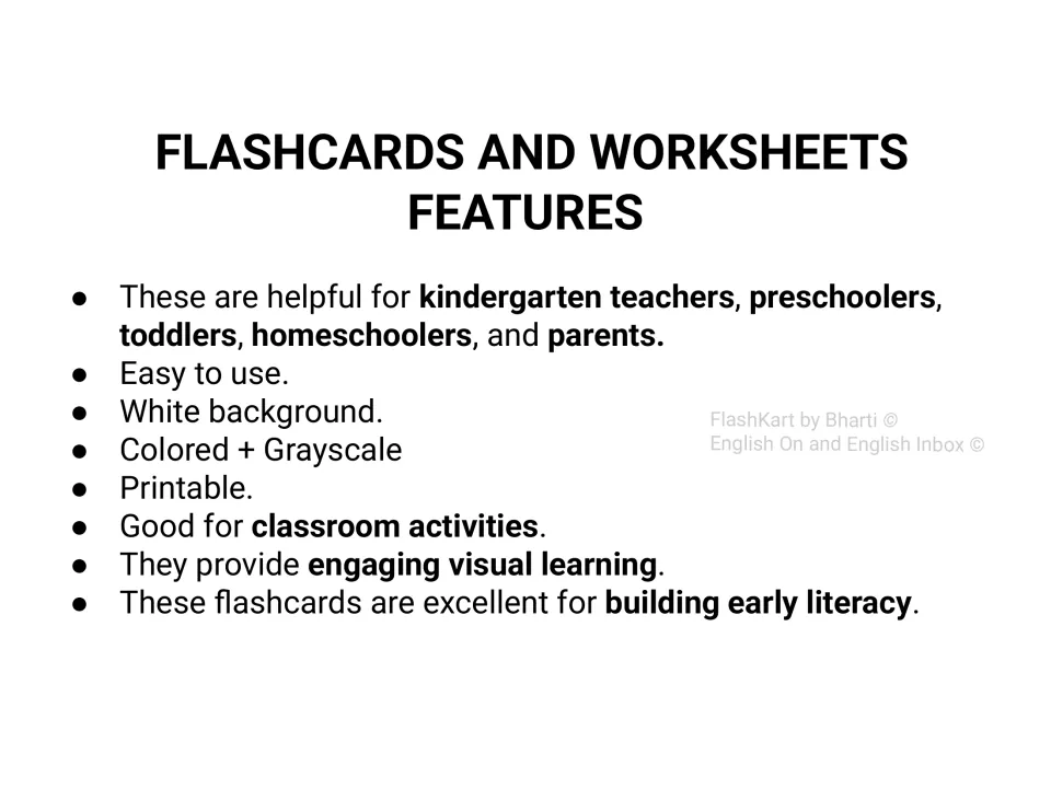Flashcards and worksheets features list: printable cards in color and grayscale on a white background for early literacy