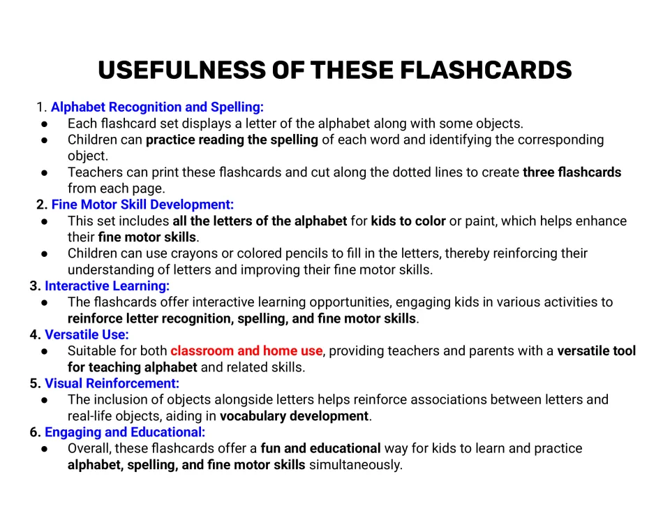 Usefulness of the flashcards: notes on letter recognition and spelling, coloring letters for fine motor work and vocabulary