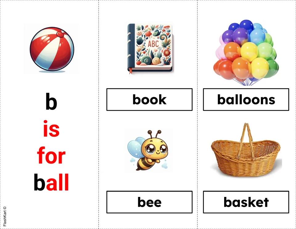 Letter b flashcards: 'b is for ball' card with picture-word cards of book, balloons, bee and basket for b-sound practice