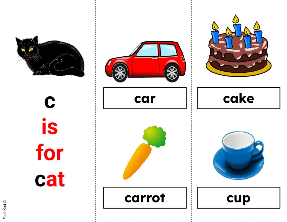 Letter c flashcards: 'c is for cat' card and picture-word cards of car, cake, carrot and cup for beginning-sound practice