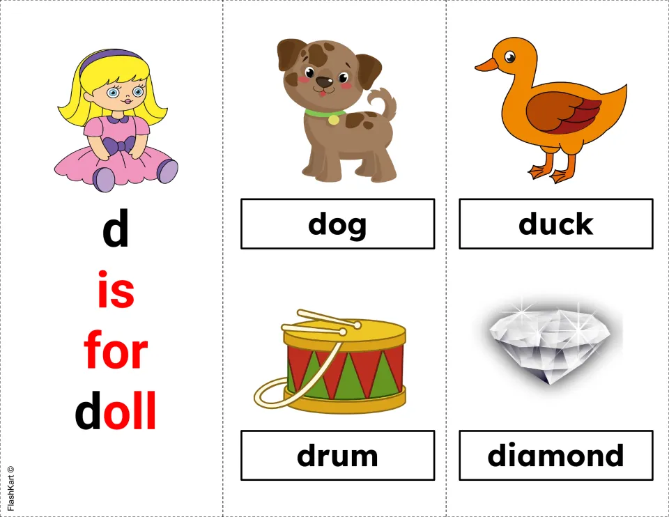 Letter d flashcards: 'd is for doll' card and picture-word cards of dog, duck, drum and diamond for reading simple d words