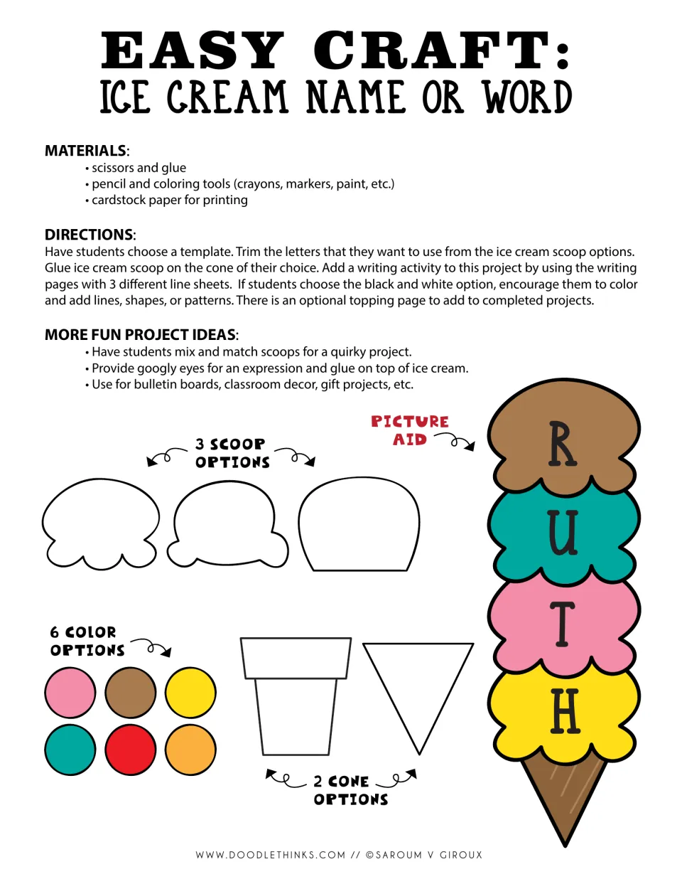 Ice cream name or word craft directions: materials, steps, 3 scoop and 2 cone options, 6 colors and a RUTH sample cone