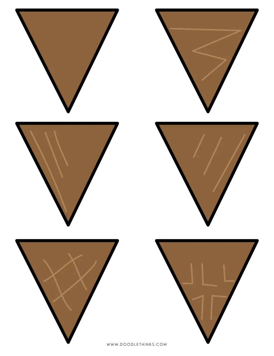 Brown ice cream cone cut-outs: six triangle cones, each with a different line pattern, for students to trim and glue