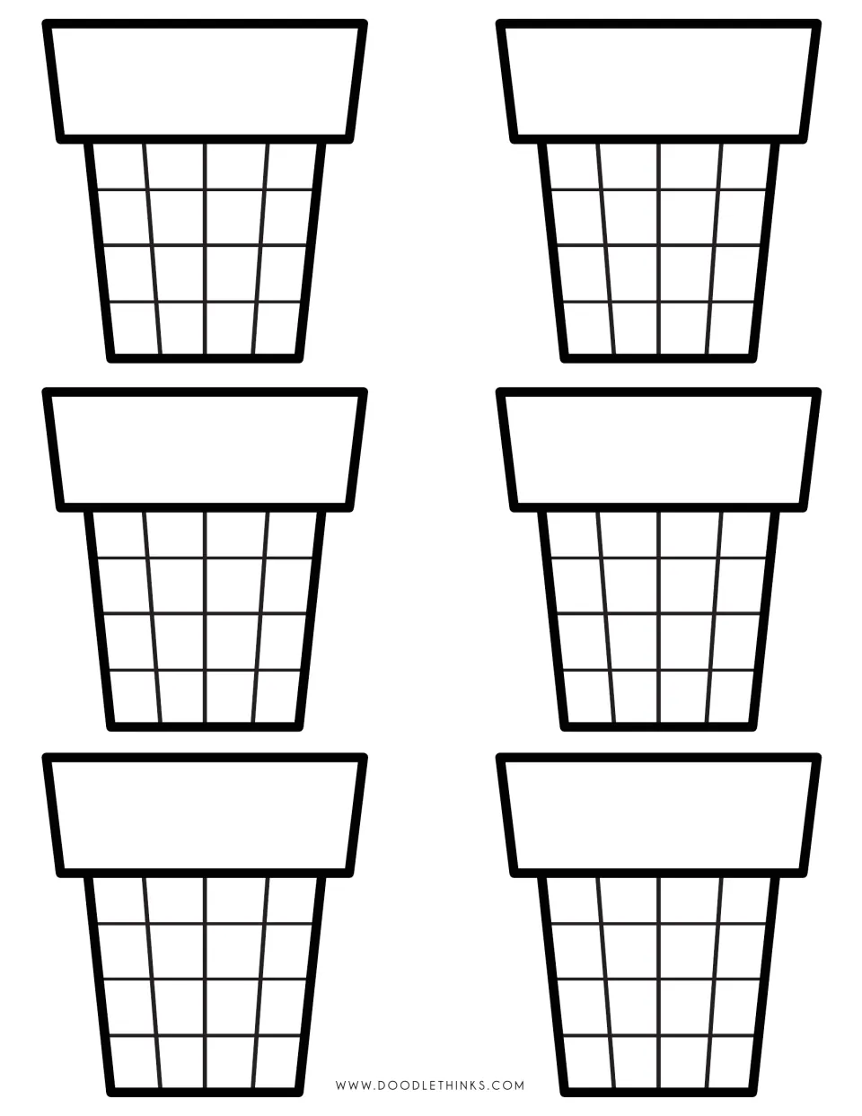 Outline cake cone cut-outs: six blank flat-bottom waffle cones that students color, add patterns to, then cut out