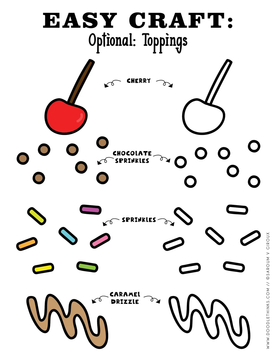 Optional cut-out toppings: cherry, chocolate sprinkles, rainbow sprinkles and caramel drizzle, in color and outline
