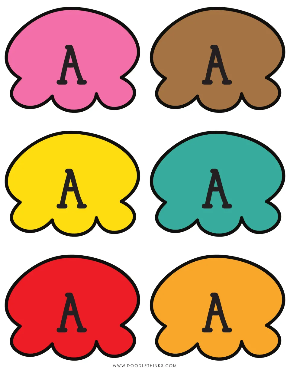 Letter A ice cream scoop cut-outs: six scoops in pink, brown, yellow, teal, red and orange to spell names