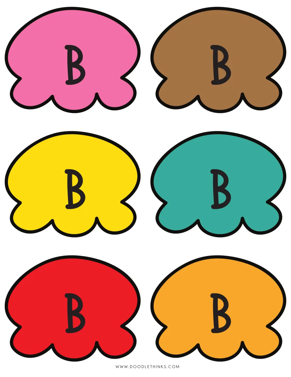 Letter B scoop cut-outs: six colored ice cream scoops marked B that students trim and stack on a cone to build a word