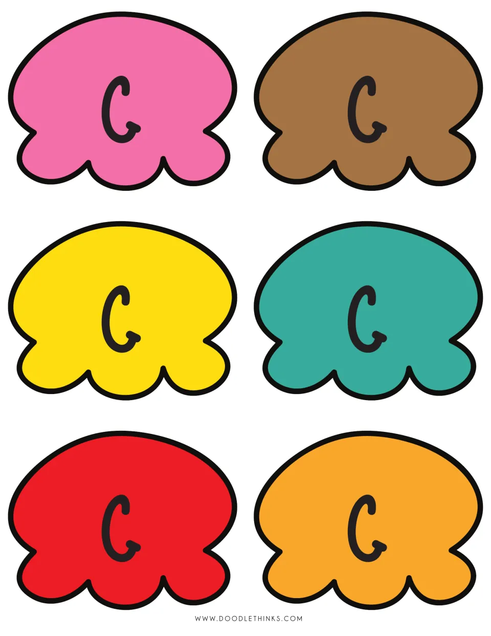 Letter C scoop cut-outs: six ice cream scoops in six colors, each showing a capital C, for spelling names on a cone