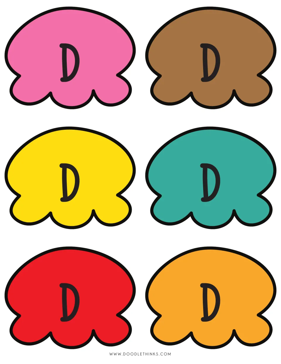 Letter D scoop cut-outs: six capital D ice cream scoops in six colors that students mix and match when stacking letters