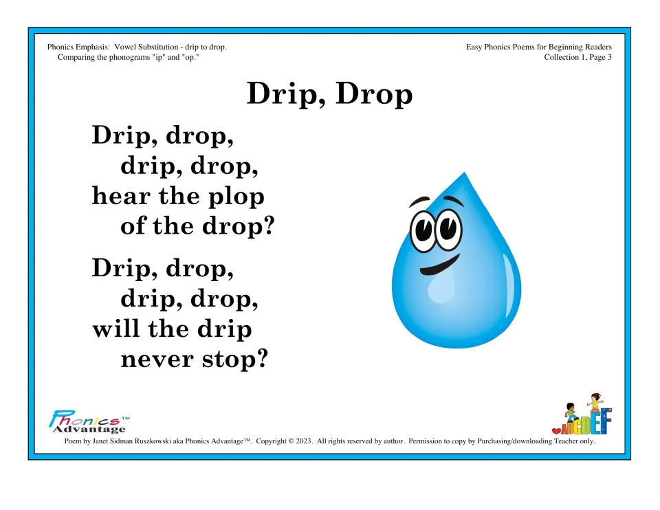 Drip, Drop poem on vowel substitution: students read rhyming lines comparing the ip and op phonograms, drip to drop