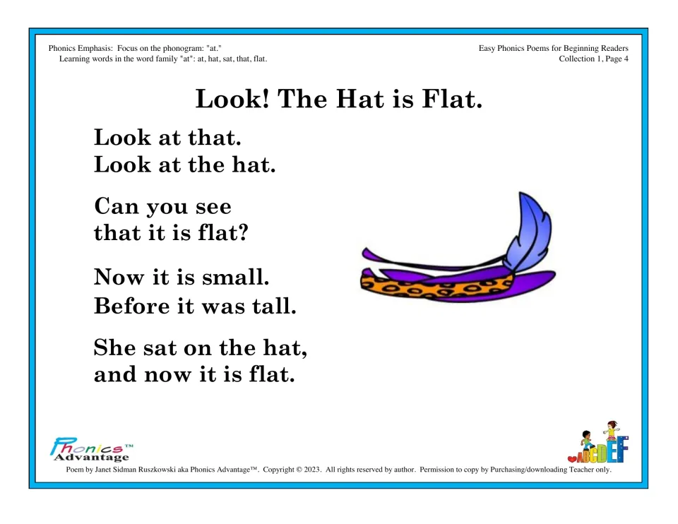 Look! The Hat is Flat poem for the at word family: students read at, hat, sat, that and flat in a short rhyme