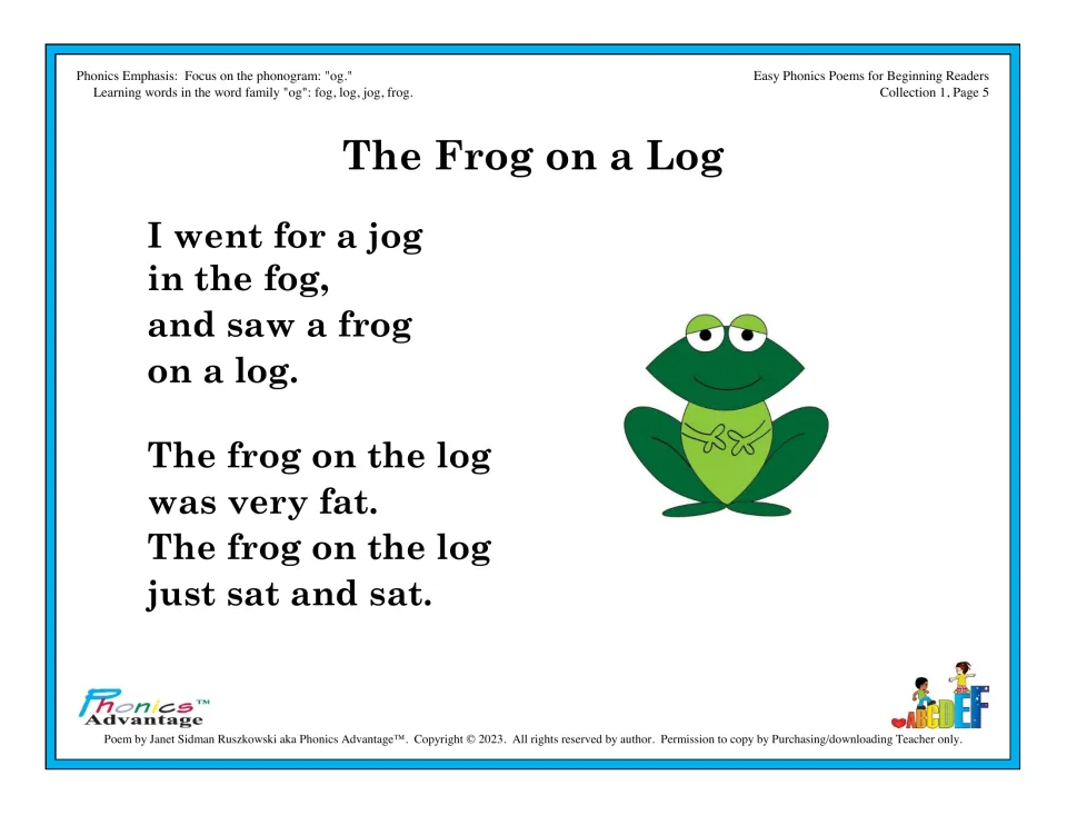 The Frog on a Log poem for the og word family: students read fog, log, jog and frog in two rhyming verses