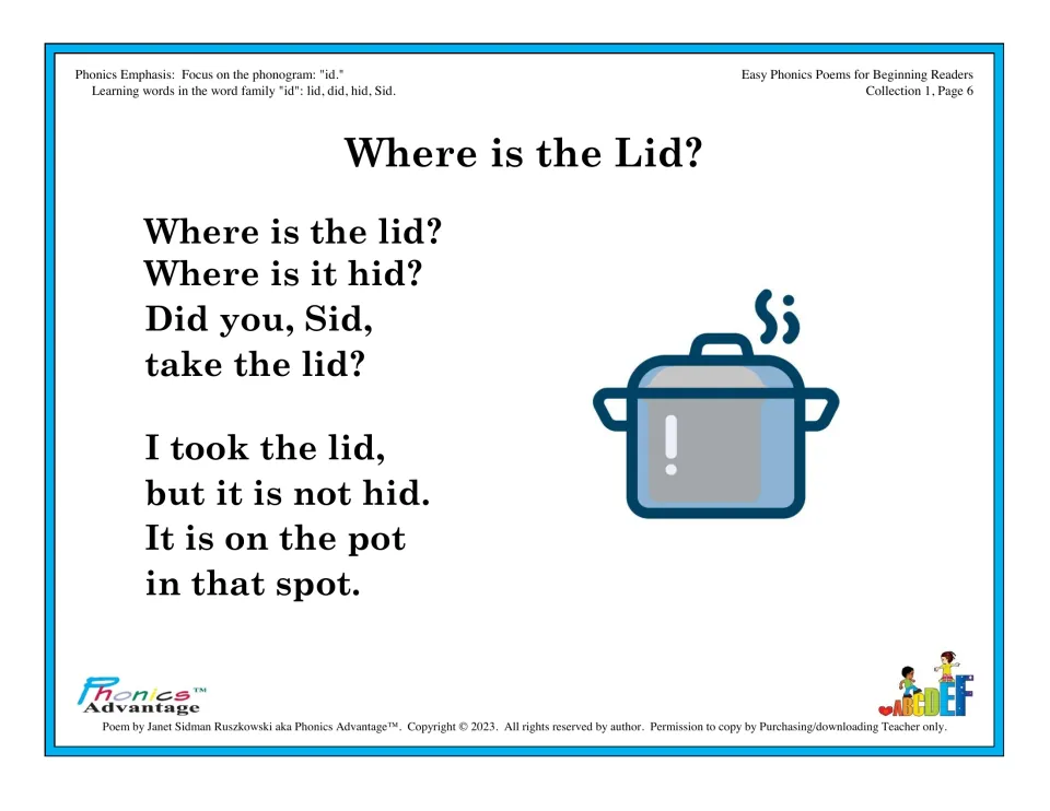 Where is the Lid? poem for the id word family: students read lid, did, hid and Sid in a question-and-answer rhyme