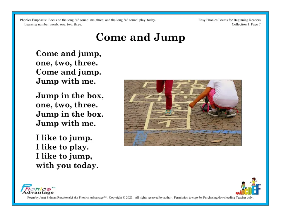 Come and Jump poem practising long e and long a sounds and number words one, two, three, shown beside a hopscotch photo