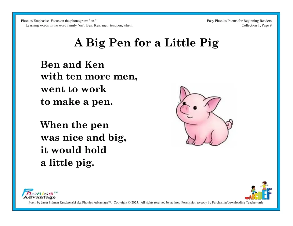 A Big Pen for a Little Pig poem for the en word family: students read Ben, Ken, men, ten, pen and when in a rhyme
