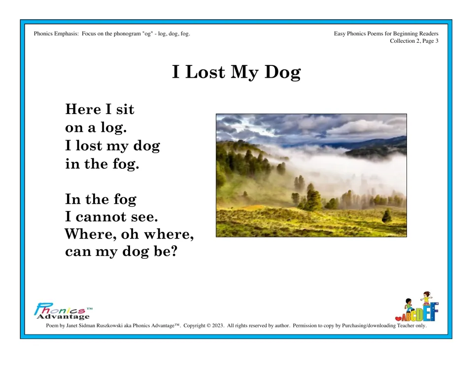 Phonics poem 'I Lost My Dog' practices the og word family through log, dog, and fog beside a foggy landscape