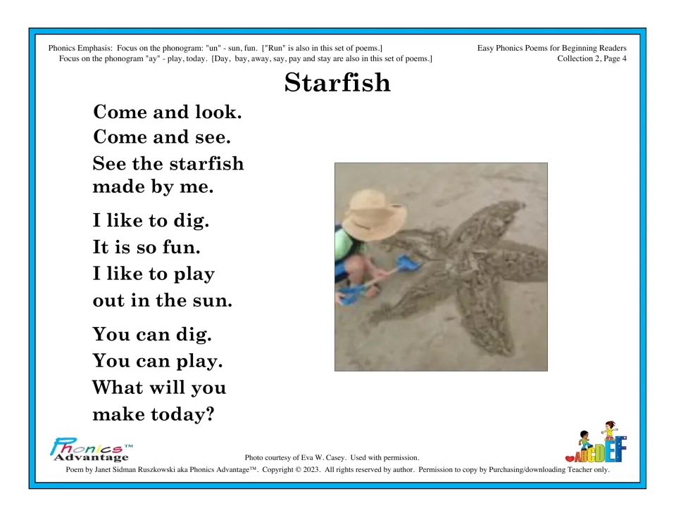 Phonics poem 'Starfish' practices un and ay words through sun, fun, play, and today as a child digs in sand