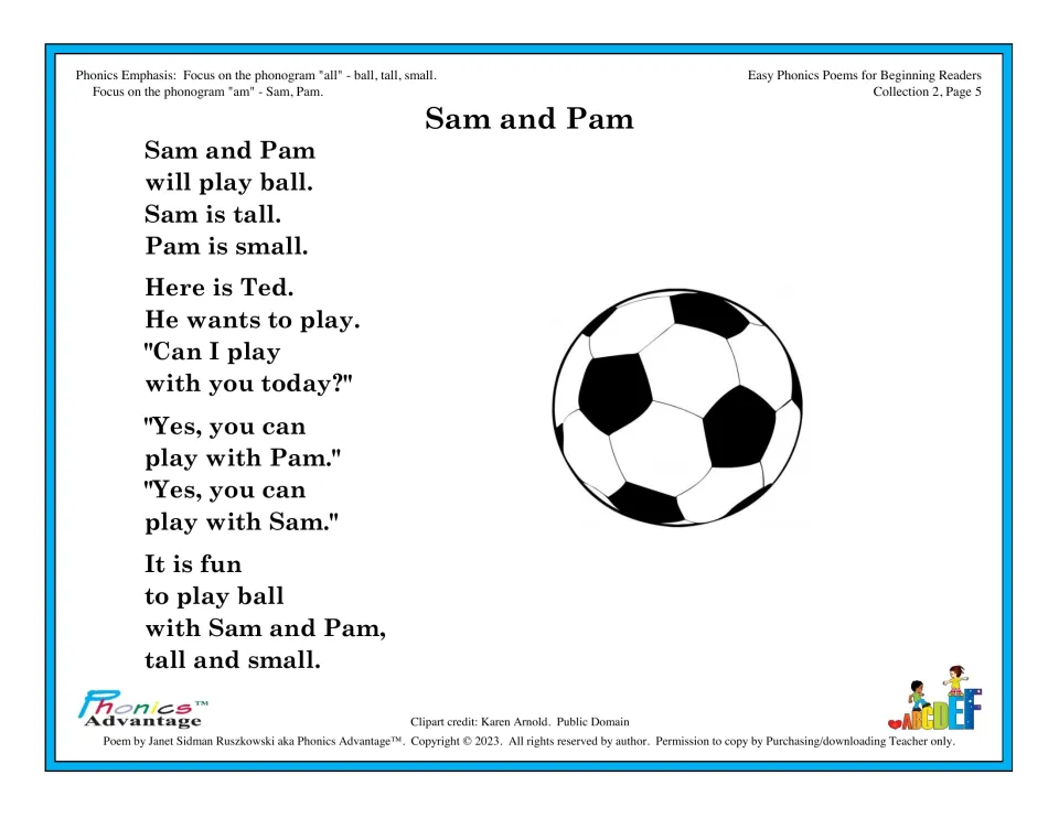 Phonics poem 'Sam and Pam' practices all and am words as Sam, Pam, and Ted play ball, with a soccer ball