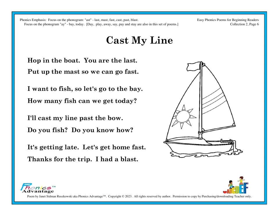 Phonics poem 'Cast My Line' practices ast and ay words in a fishing trip story illustrated with a sailboat