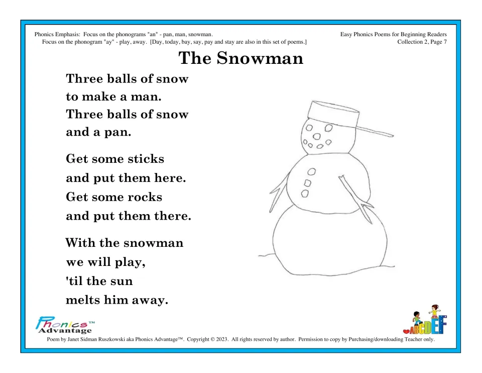 Phonics poem 'The Snowman' practices an and ay words while describing a snowman made from snow and a pan