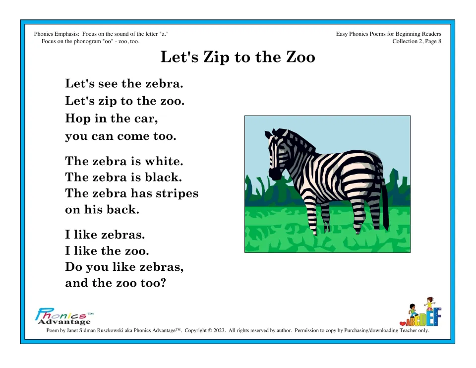 Phonics poem 'Let's Zip to the Zoo' focuses on the z sound and oo in zoo and too, with a zebra illustration