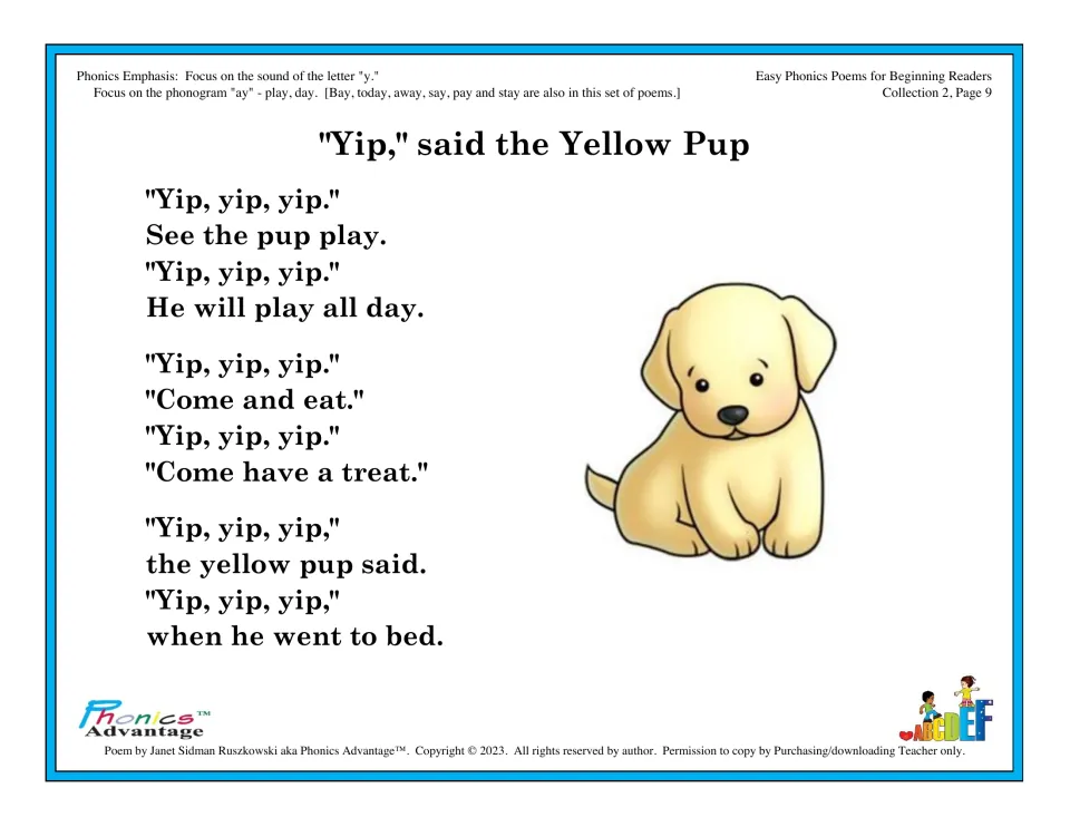 Phonics poem '"Yip," said the Yellow Pup' focuses on the y sound and ay words as a puppy plays and eats