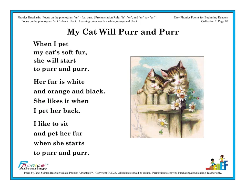 Phonics poem 'My Cat Will Purr and Purr' practices ur and ack words and the colors white, orange, and black