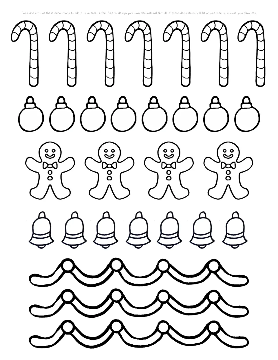 Tree decoration cut-out pieces: students color and cut candy canes, round ornaments, gingerbread men, bells and garlands