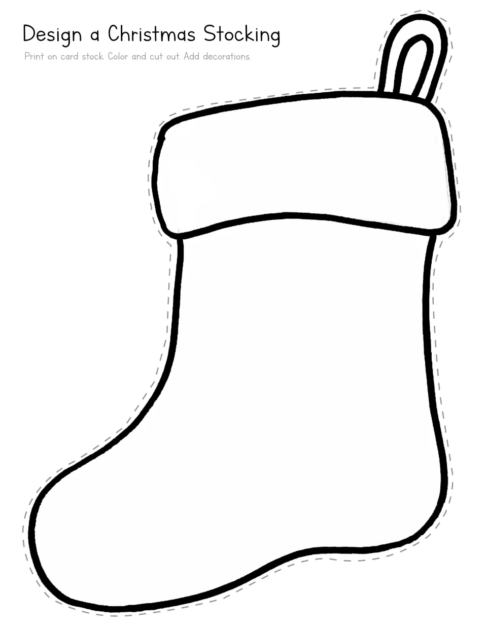 Design a Christmas Stocking: students color and cut out a stocking outline with cuff and hanging loop, then decorate it