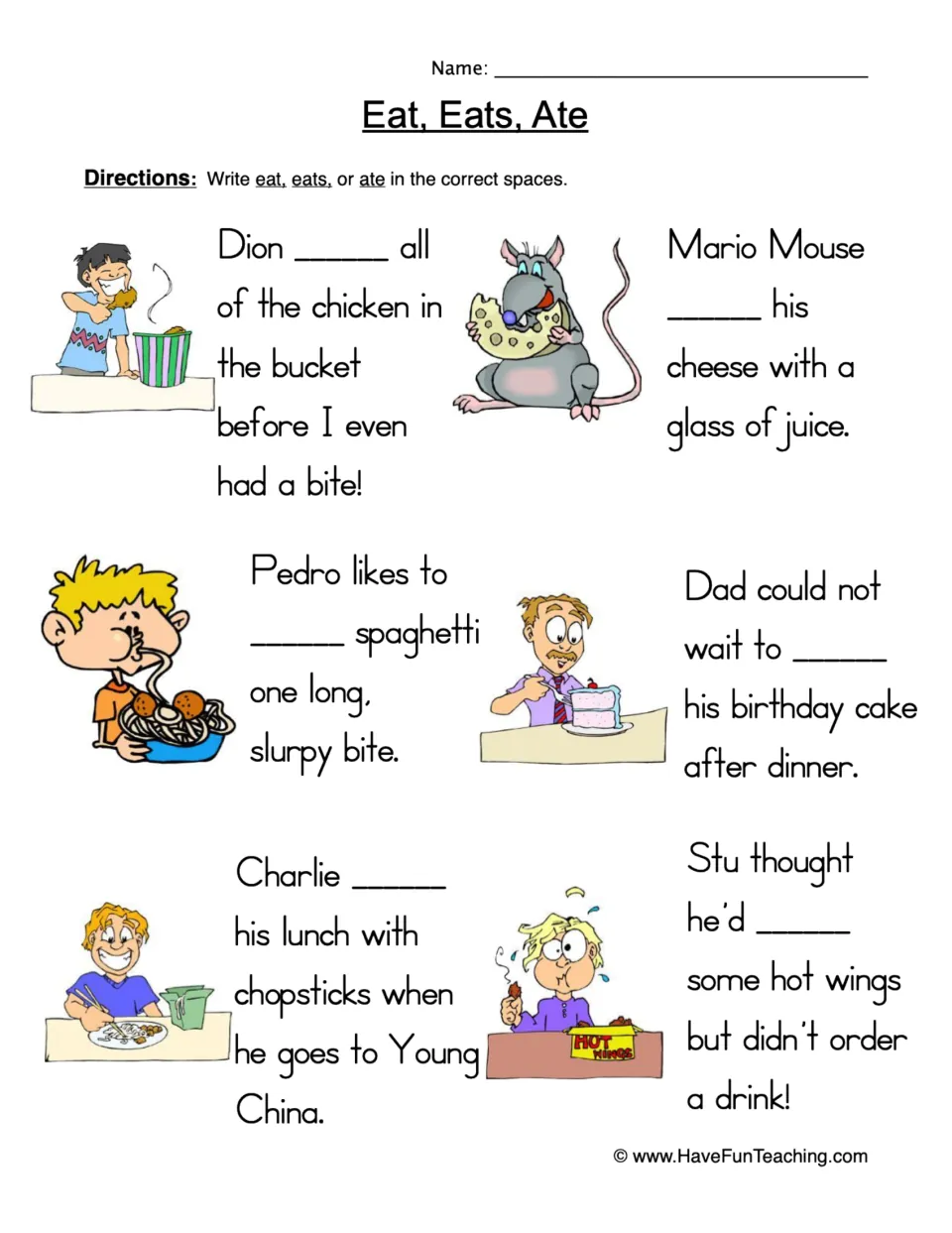 Eat, Eats, Ate verb practice: students write eat, eats or ate in six illustrated sentences about people and a mouse eating