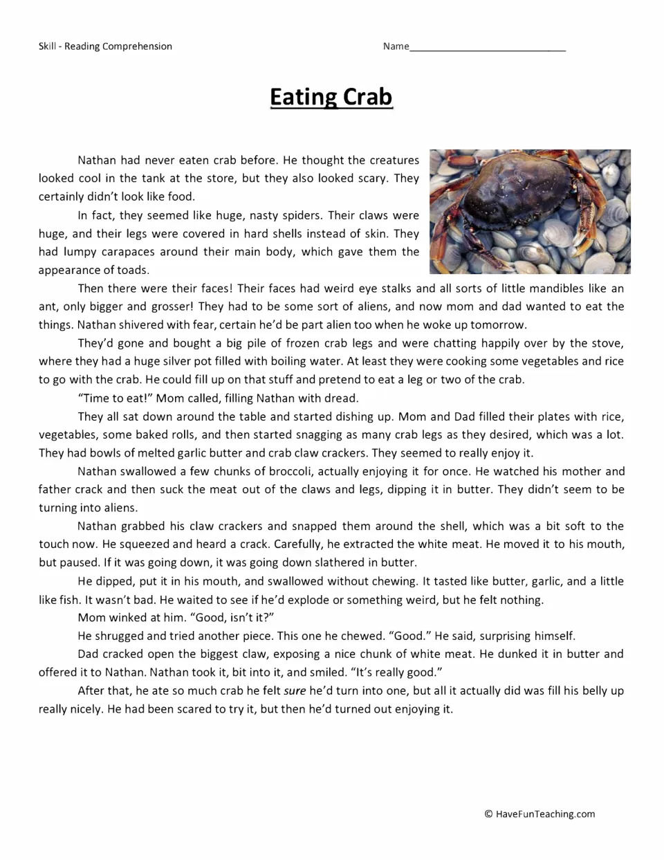Eating Crab story: Nathan fears crab looks like aliens until he tries it with garlic butter; students read the passage