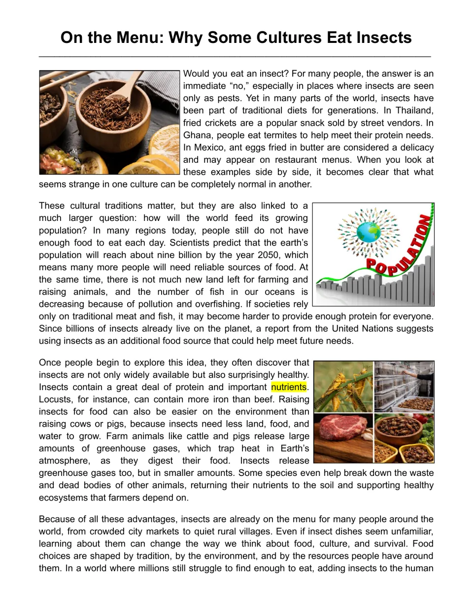 Reading passage "On the Menu: Why Some Cultures Eat Insects" on insect diets in Thailand, Ghana, Mexico and food supply