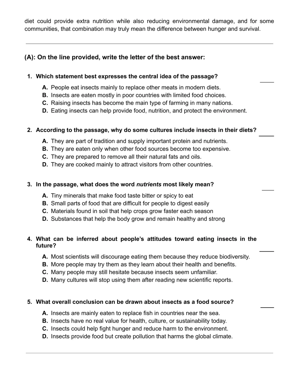 Insect diet passage ending, then 5 multiple-choice questions on central idea, vocabulary, inference and conclusions