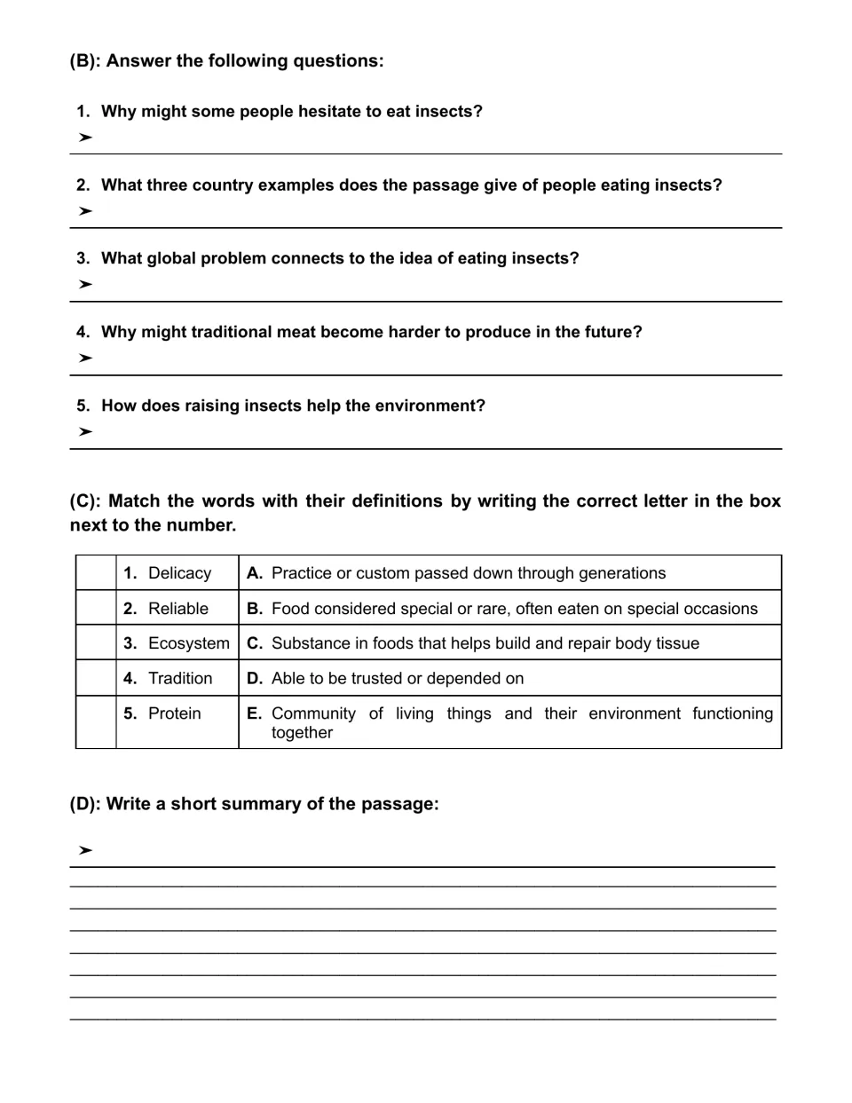 Insect passage follow-up: students answer 5 short questions, match 5 words to definitions and write a summary