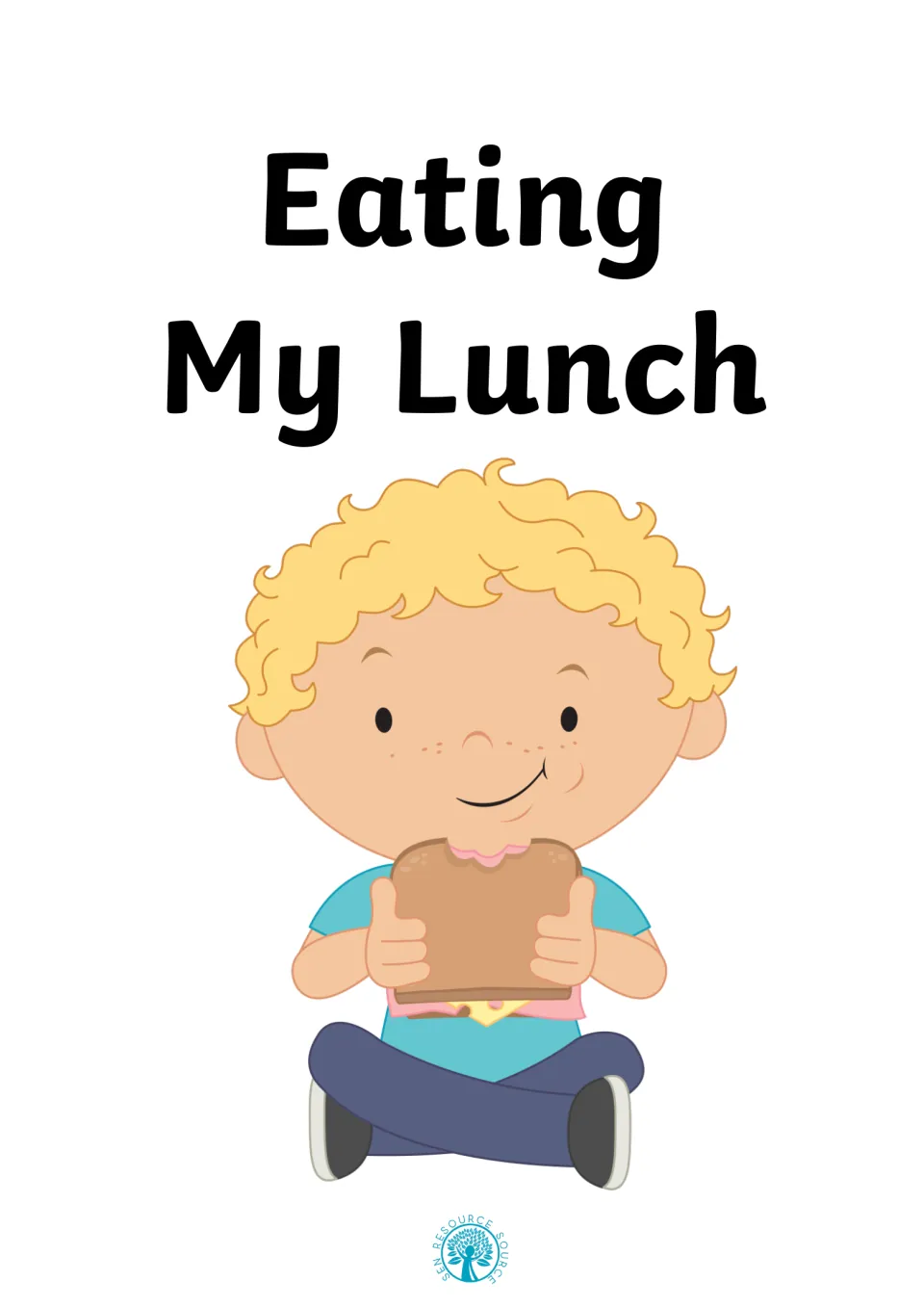 Eating My Lunch social story cover: a smiling boy sits cross-legged biting into a sandwich