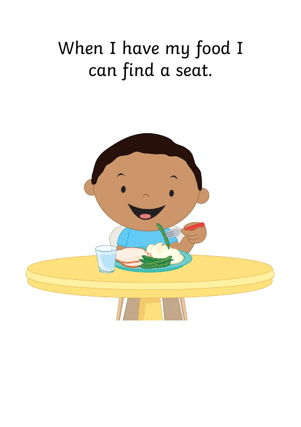 Dining hall step: "When I have my food I can find a seat" with a boy at a table eating sliced meat, mash and green beans