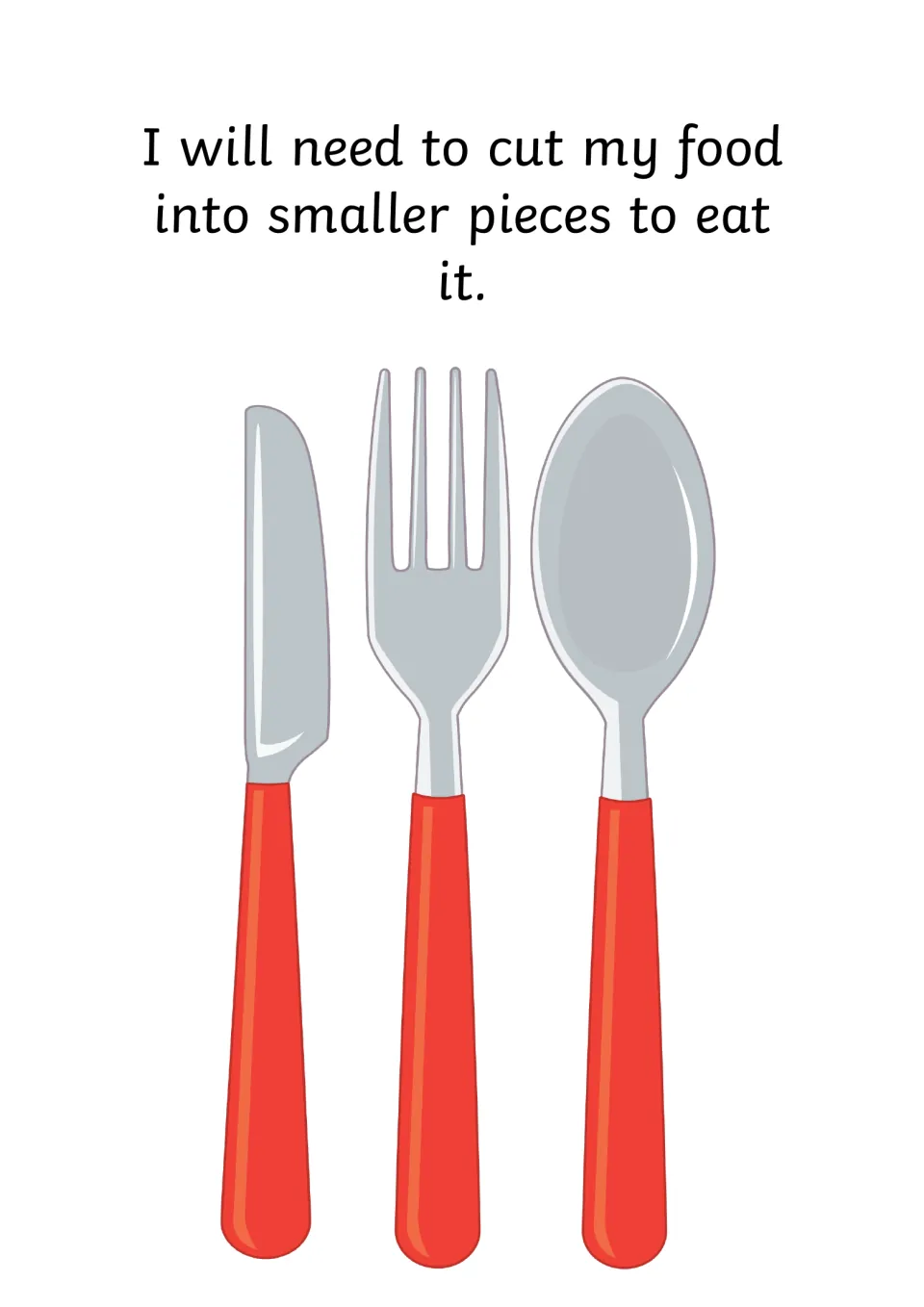 Using utensils: "I will need to cut my food into smaller pieces to eat it" beside a knife, fork and spoon