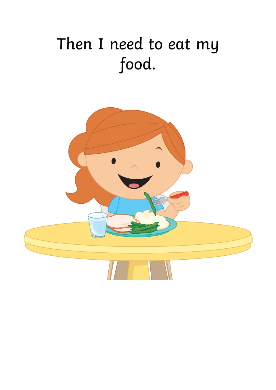 Mealtime step: "Then I need to eat my food" with a smiling girl at a table lifting a green bean on her fork