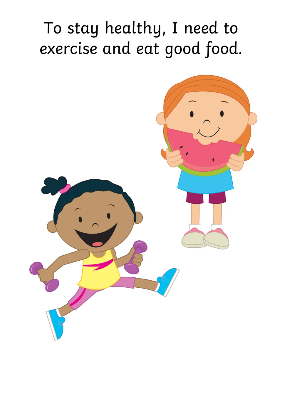 Staying healthy page: one girl lifts dumbbells and another eats watermelon, showing exercise and good food