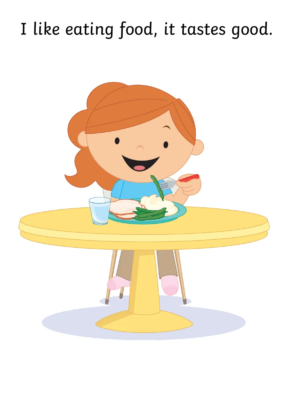 Enjoying food page: a smiling girl at a table eats green beans, meat and mashed potato, with text I like eating food